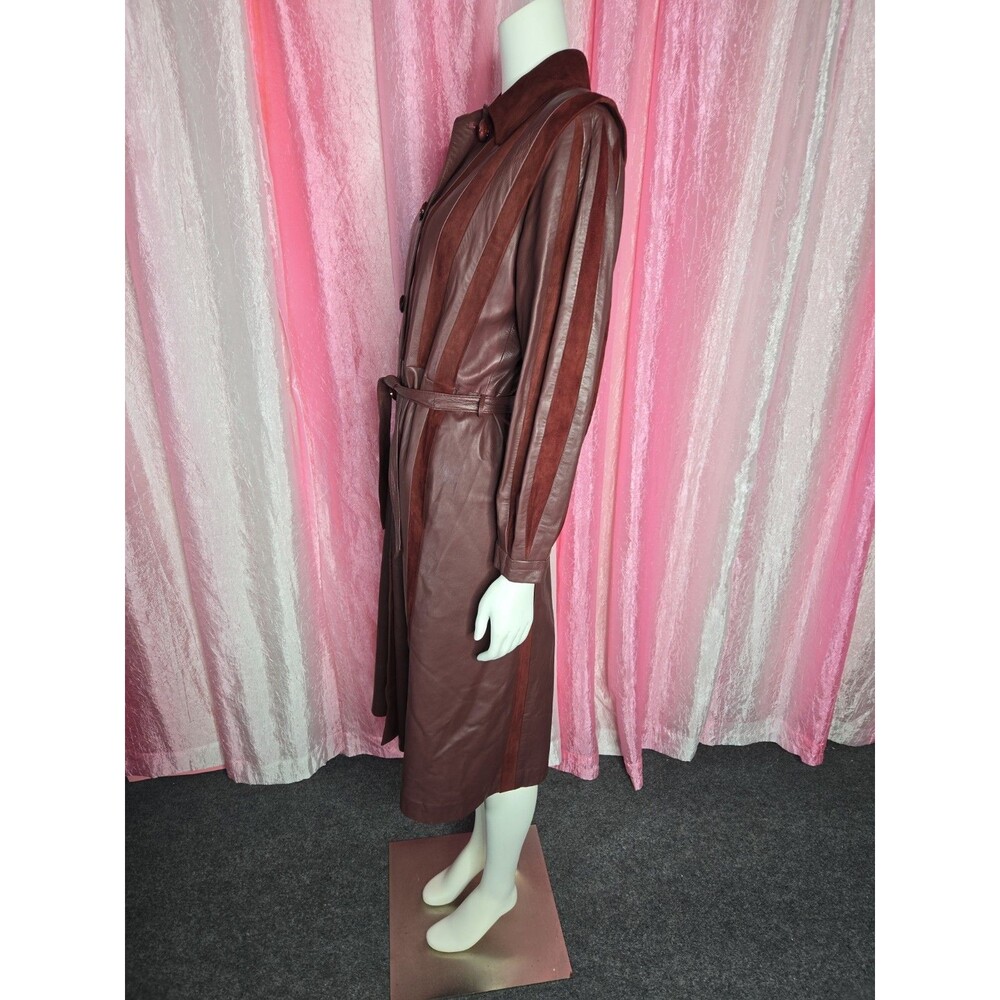 Y2K Exquisite Brick Red Soft Leather Suede Retro Trench Coat Size Medium 8 - Picture 9 of 16